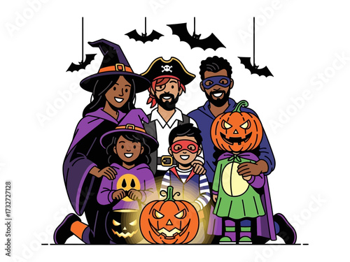 A Family's Halloween Fantasy: A captivating illustration of a family donned in vibrant Halloween costumes, illuminated by the glow of a carved pumpkin and whimsical bat decorations above.
