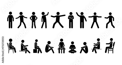 Stickman posture icons set. Human pictogram collection with standing, sitting, resting, thinking, and different body positions. Vector illustration for infographic, manual, and education design.