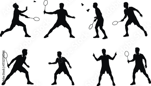 Dynamic silhouettes of badminton players in various action poses, including serving, smashing, and lunging, for sports and competition concepts