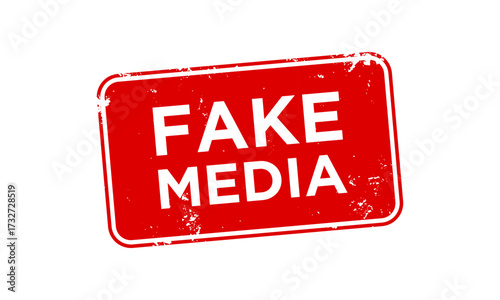 Fake Media Red Rubber Stamp Label Rectangular  Design with Grunge Texture Isolated on White Background. symbolizing misinformation or false reports.