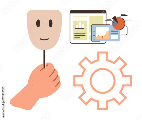 Hand holding a smiling mask symbolizing hidden identity. Background includes analytics dashboard and gear icon for analysis, improvement, and automation. Ideal for identity, data, performance