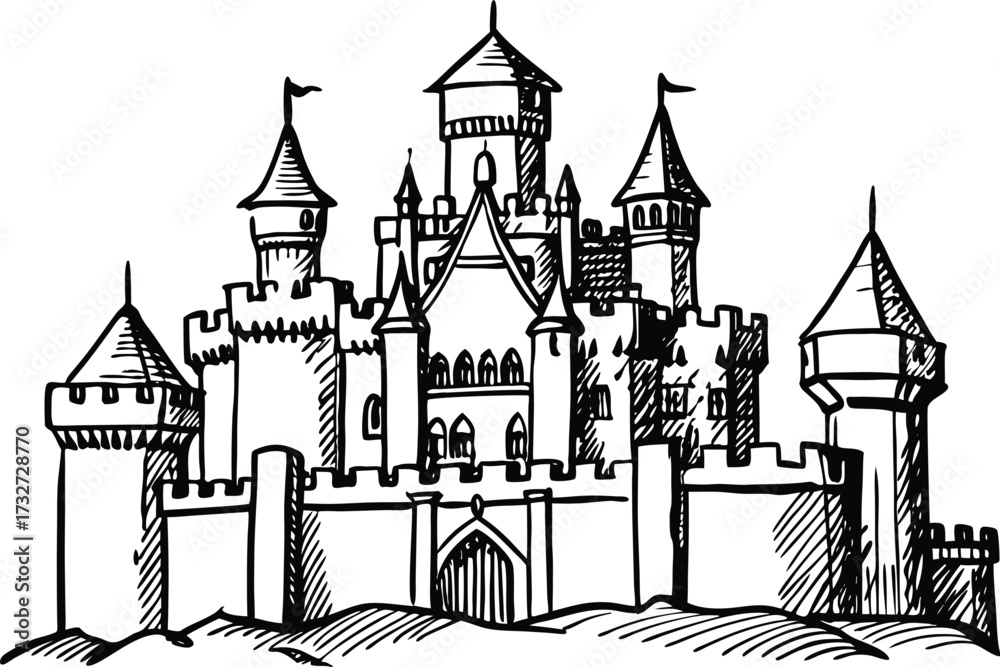 Fototapeta premium Whimsical hand drawn castle illustration for fairytales
