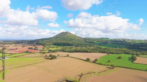 An aerial view of the Wrekin Hill in Shropshire, West Midlands, Ancient hilltop iron Age Fort which is a well know local landmark near Telford in the UK