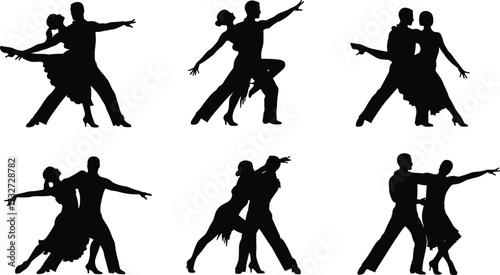 Dynamic silhouettes of a couple performing various ballroom and tango dances, showcasing graceful moves for romance and performance art