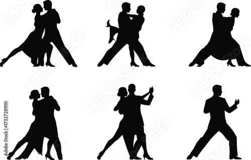 Elegant silhouettes of a couple performing various ballroom and tango dances, showcasing graceful moves for romance and performance art