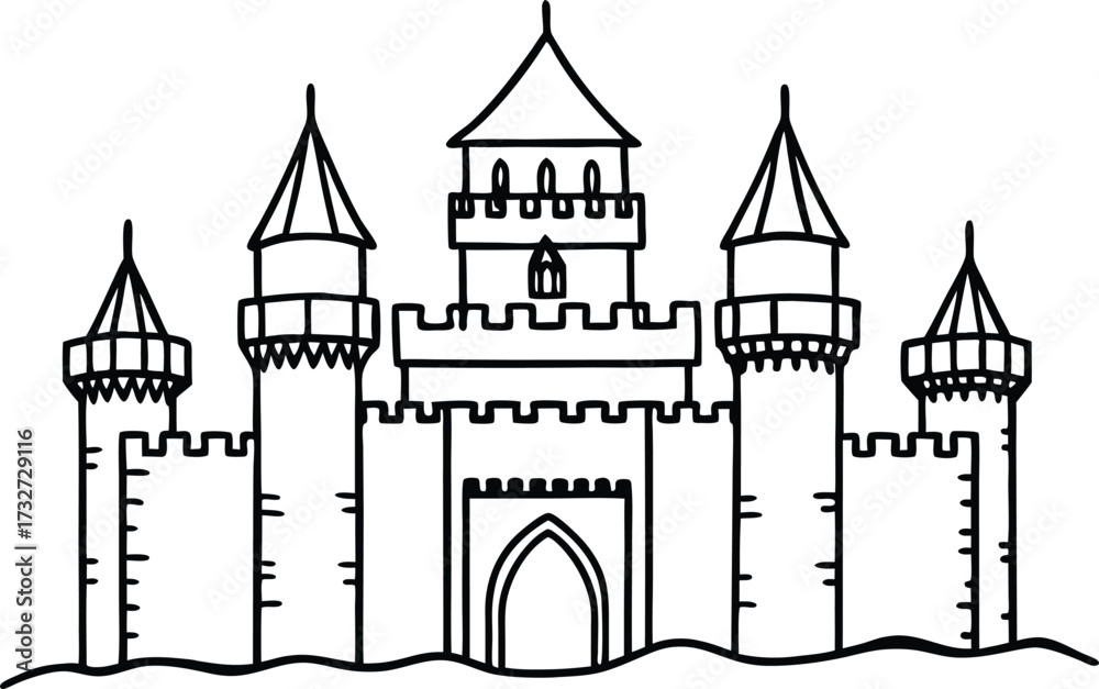 Fototapeta premium Whimsical hand drawn castle illustration for fairytales