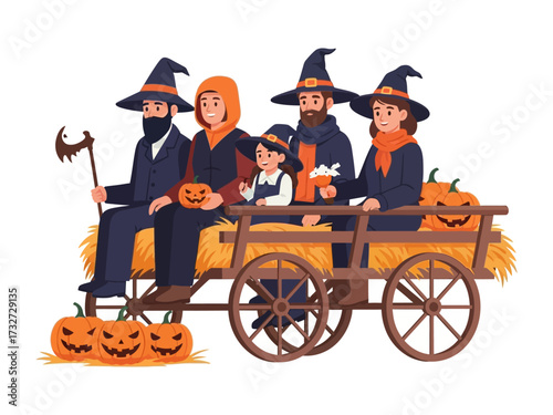 Halloween Wagon Ride: A family, donned in Halloween costumes, embarks on a whimsical wagon ride through a festive autumn scene, capturing the enchantment of All Hallows' Eve.