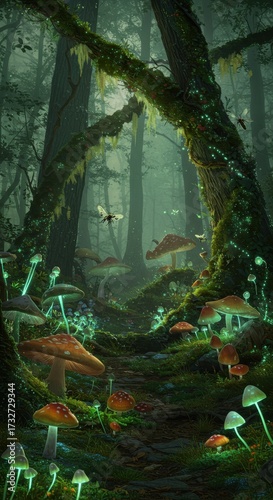 Enchanted forest path with glowing mushrooms in dense greenery  