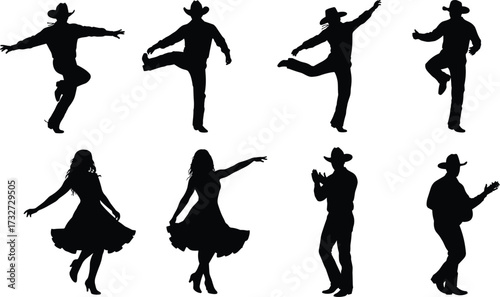 Dynamic silhouettes of country dancers and musicians, including line dancing, couples, and a guitarist, for folk music and culture themes