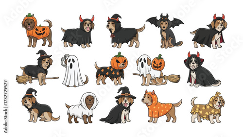 Whimsical Halloween Dogs Collection: A delightful collection of adorable dogs in playful Halloween costumes. From spooky ghosts to funny pumpkins.