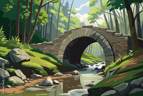 Stone arch bridge over a forest stream in a lush woodland