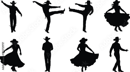 Dynamic silhouettes of country dancers in various poses, including line dancing, couples, and solos, for folk music and culture themes