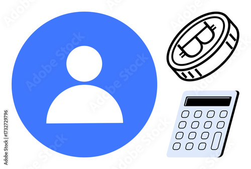 Avatar profile in blue circle beside a Bitcoin coin and calculator emphasizes finance, cryptocurrency, budgeting, investment, digital economy, accounting, and fintech as a simple flat metaphor