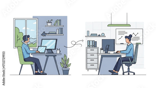 Remote Work and Hybrid Office Set – Vector Illustration of Modern Workspace Concepts AI EPS PNG JPEG