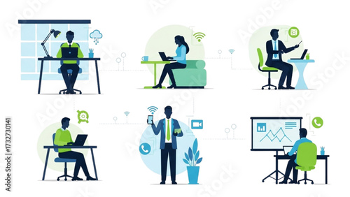 Remote Work and Hybrid Office Set – Vector Illustration of Modern Workspace Concepts AI EPS PNG JPEG