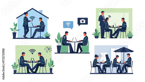 Remote Work and Hybrid Office Set – Vector Illustration of Modern Workspace Concepts AI EPS PNG JPEG