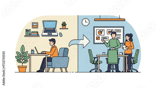 Remote Work and Hybrid Office Set – Vector Illustration of Modern Workspace Concepts AI EPS PNG JPEG