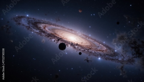 Stunning Spiral Galaxy with Bright Core and Surrounding Planets
