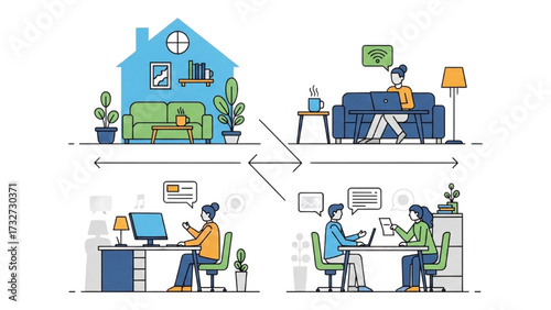 Remote Work and Hybrid Office Set – Vector Illustration of Modern Workspace Concepts AI EPS PNG JPEG