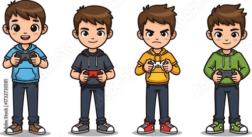 Cartoon boy playing video games, gamer character holding controller, happy, serious, angry expressions, kids gaming illustration, vector design