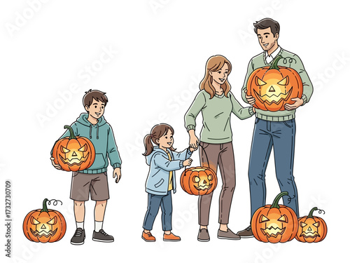 Halloween Family Gathering: A lively family unit radiates Halloween spirit, their joyful faces complementing carved pumpkins and vibrant surroundings.