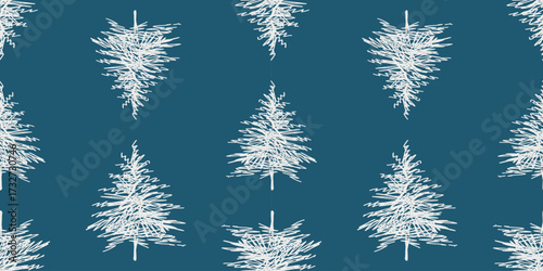 Frozen white Christmas trees silhouettes sketches, seamless pattern, vector hand drawn background, paper, wallpaper, wrapper, print