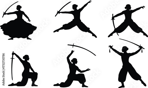 Silhouettes of a woman performing dynamic poses with a katana, showing martial arts and combat for strength, grace, and discipline themes