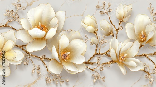 Wallpaper Mural Exquisite display of large, creamy white flowers with golden accents and intricate detailing, set against a subtle, textured marble backdrop, conveying elegance and luxury, showcasing a botanical... Torontodigital.ca