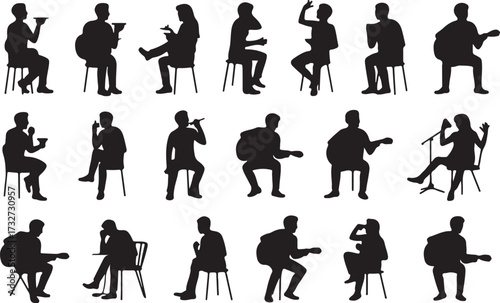Eating, Singing, Playing guitar silhouette vector on white background