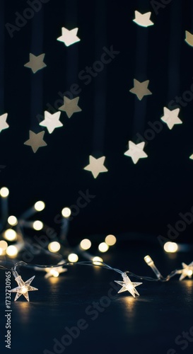 Decorative star lights with glowing bulbs on dark background  