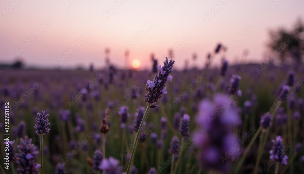 Fototapeta premium Beautiful Lavender Field at Sunset with Soft Pink Sky and Blooming Flowers