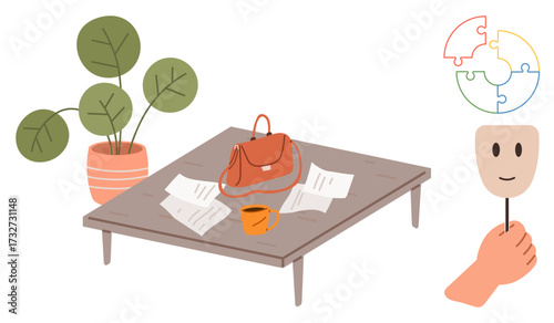 Coffee table holding papers, cup, and handbag near potted plant. Hand holding face mask and puzzle representing identity, creativity, emotion, work-life balance, problem-solving. Flat simple