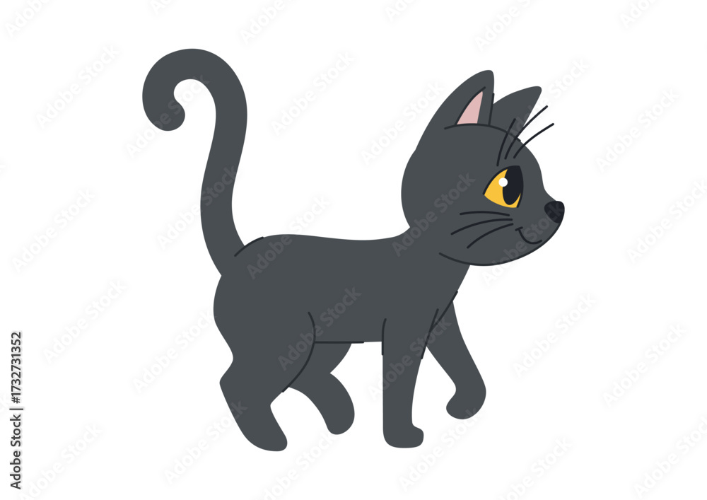 Obraz premium Cute cartoon black cat walking. Funny kitty vector character. Domestic animal illustration for children design, cards, posters, stickers, t-shirts, and pet themed decoration.