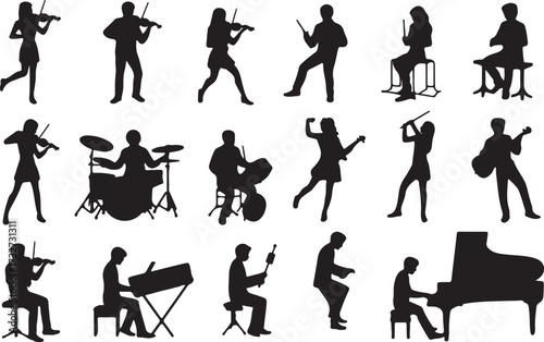 Playing violin, Playing drums, Playing piano silhouette vector on white background