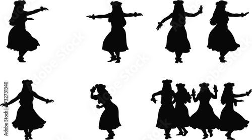 Graceful silhouettes of Hawaiian hula dancers in various poses, including solo and group performances, for culture, travel, and tradition themes