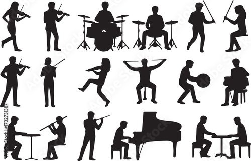 Playing violin, Playing drums, Playing piano silhouette vector on white background