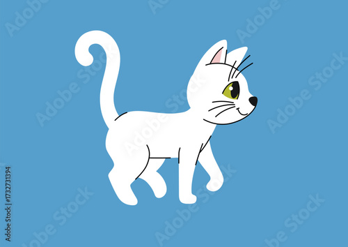 White walking cat illustration. Cute cartoon kitty vector character. Funny domestic animal drawing for children design, cards, posters, stickers, t-shirts, and pet themed decoration.