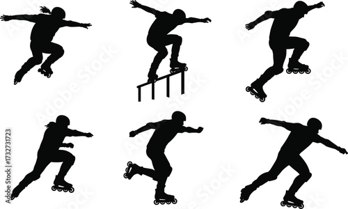Silhouettes of aggressive inline skaters performing dynamic tricks and jumps on rails, for extreme sports and urban recreation themes