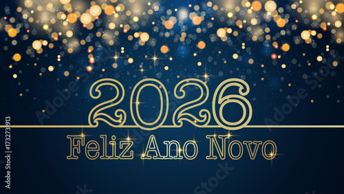 Cartão ou banner para desejar um Feliz Ano Novo 2026 em dourado sobre fundo azul degradé com círculos e glitter dourado em efeito bokeh