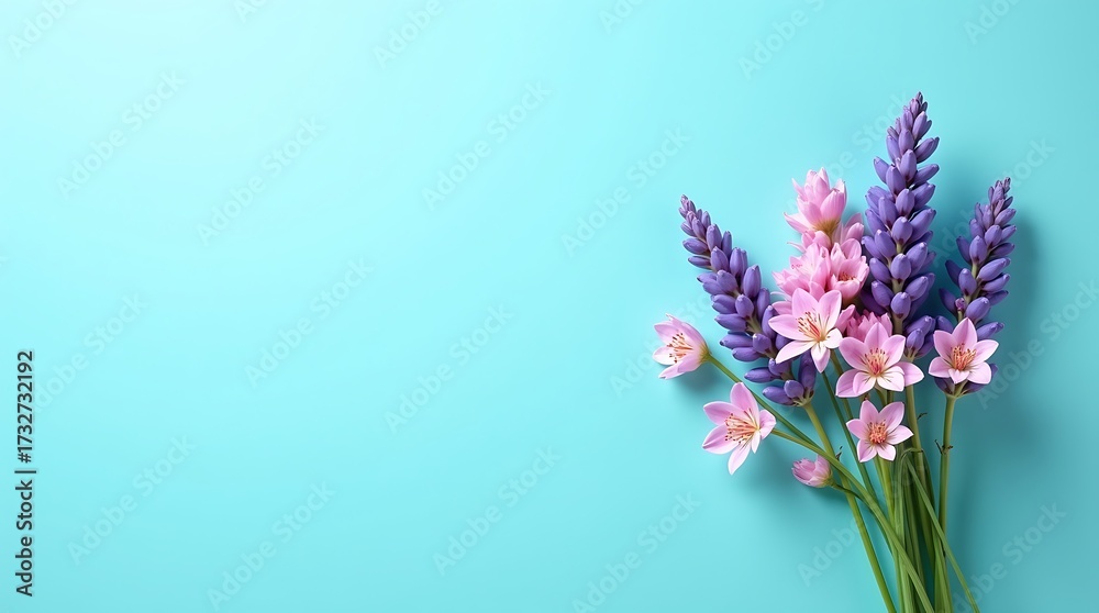 Obraz premium A delicate bouquet of lavender and pink flowers on a blue background. A serene and fresh design for spring, aromatherapy, and wellness concepts. Generative Ai.
