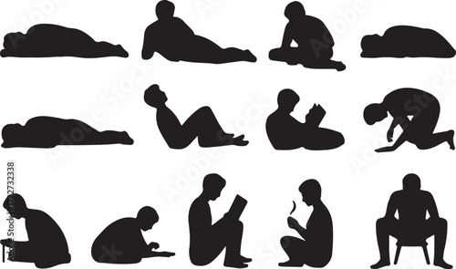 Sleeping person, Reading, Writing, Cooking silhouette vector on white background