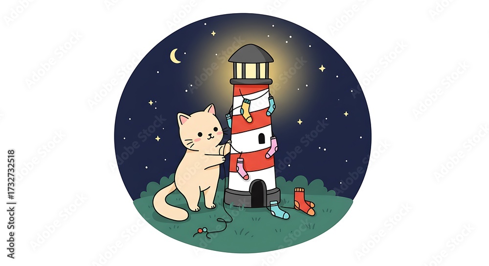 Fototapeta premium Cute Peach Cat Hanging Colorful Socks to Dry on a Red and White Lighthouse under a Starry Night Moon