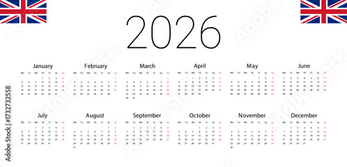 English Vector landscape layout template start from monday. UK 2026 calendar. Full months for wall calendar. isolated wall background.