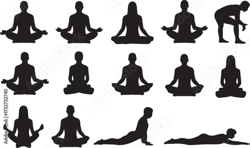 Yoga pose, Meditating person, Sitting person, Lying down silhouette vector on white background