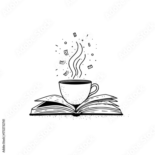 A steaming cup of coffee on an open book with floating letters and dots in a black and white illustration
