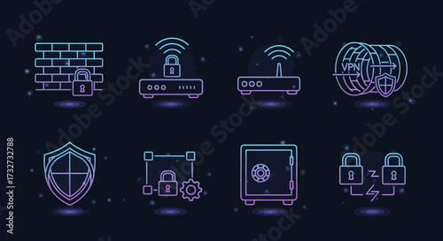 A collection of digital security and network protection icons, including a firewall, routers, a safe, and network locks.