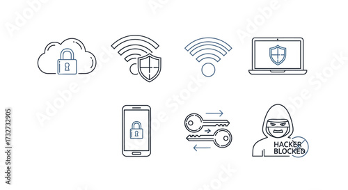 Line art icons depicting various aspects of cybersecurity, including cloud, wireless, laptop, and mobile device protection, encryption, and hacker blocking.