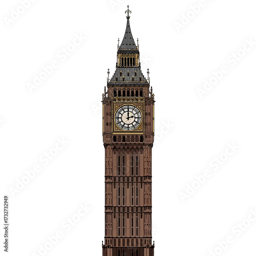 The iconic Elizabeth Tower, commonly known as Big Ben, stands tall against a white background, showcasing its intricate Victorian Gothic architecture and clock face.
