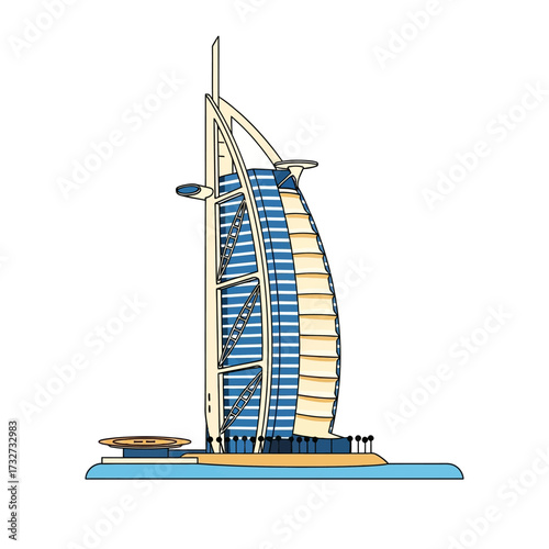 Illustration of the Burj Al Arab, a luxury hotel in Dubai, United Arab Emirates.