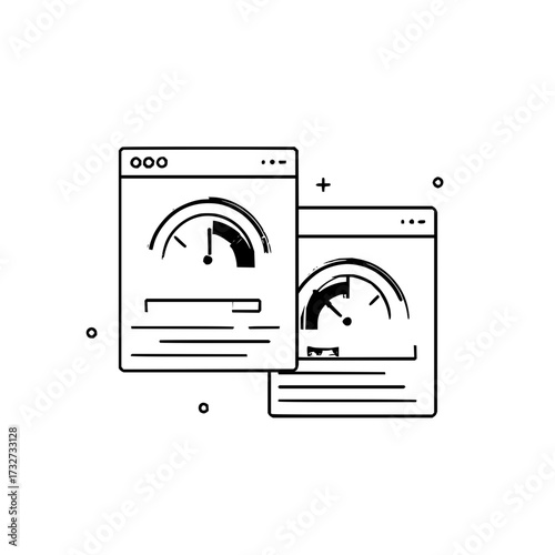 Two windows displaying speedometer graphics and progress bars in a minimalist line art style design